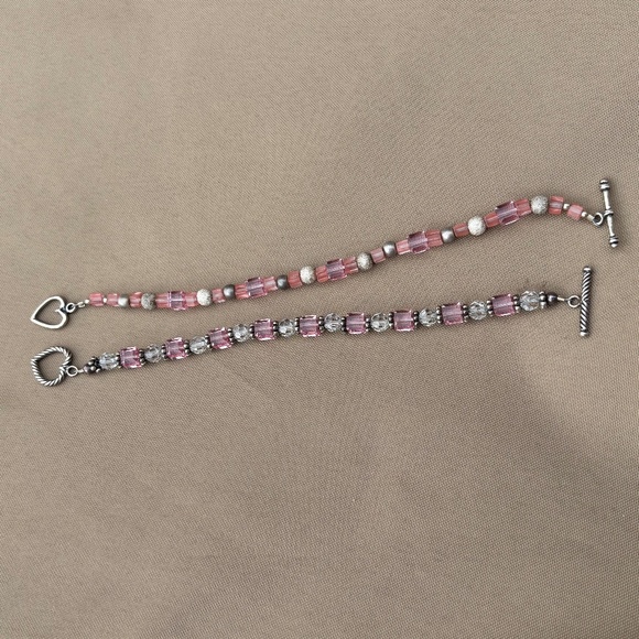 2 Handmade Pink & Clear Crystal w/ Silver Accents Bracelets - Picture 1 of 15